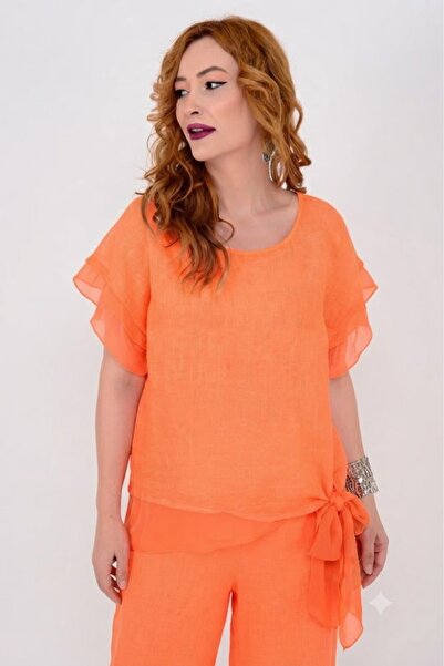 AYASOFYA OTANTIK Women's Italian Tie-Back Silk Detailed Linen Blouse