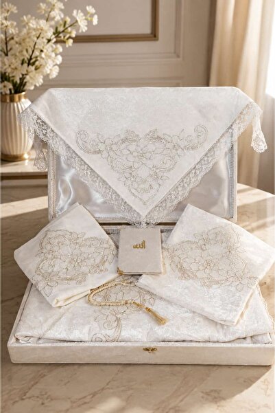 çeyizköşesi Cream Luxury Velvet French Laced 6 Piece Prayer Rug Set - Dowry B...