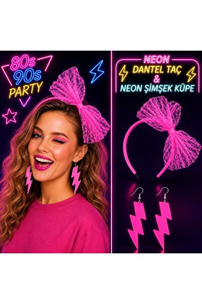 Generic Brand Neon Pink Lace Crown and Lightning Earrings 80 &amp; # 39;Ers 9...