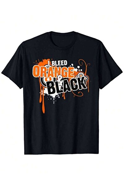 kai22 I Bleed Black & Orange Sports Team Game Day Loose Style New Unisex Shor...