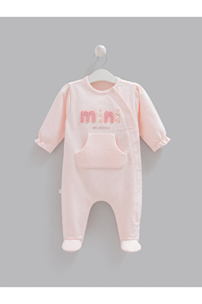 Caramell Baby Girl Romper with Mini Lettering, Quilted Pockets, Cotton Long S...