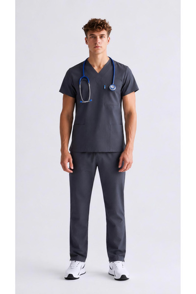 ÜÇAS UNIFORM ANTRASIT LUX SCRUBS LİKRA TAKIM DOKTOR HEMŞİRE FORMASI