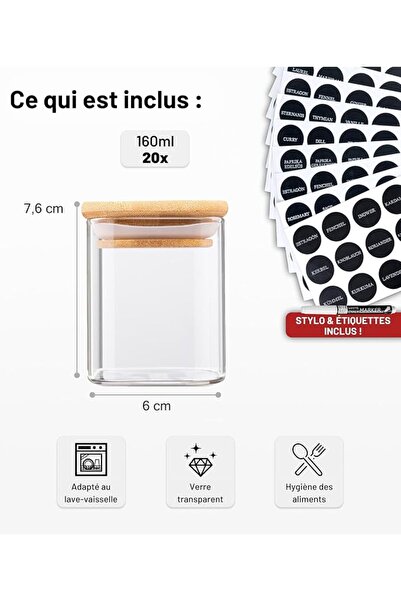 Deco Haus ®   مجموعة من 20 برطمان توابل زجاجي مربع الشكل محكم الإغلاق مع غطاء...