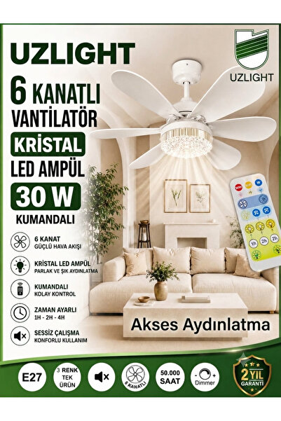 Uzlight 6 Pervaneli Sessiz Tavan Vantilatörü Uzaktan Kumandalı 3 Renkli Işıkl...