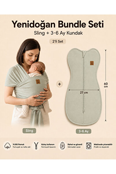 Kimba’s Planet Yenidoğan Bundle Seti – Baby Sling + 3-6 Ay Fermuarlı Kundak