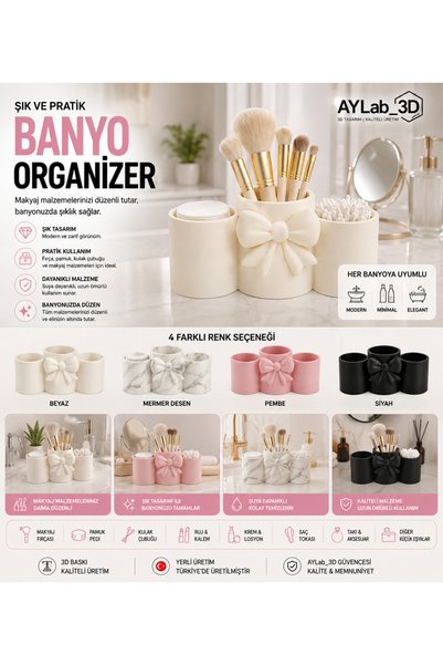 AYLAB3D Banyo Organizer Makyaj Organizeri Pamukluk Kulak Çubuğu Düzenleyici Kozmetik Organizer 3 Bölmeli