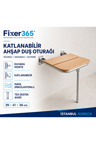 Fixer365 Duvara Monte Katlanabilir Ahşap Engelli Duş Oturağı Ayak Destekli 39...