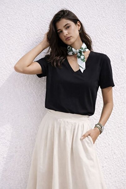 Clothes Fast Women's Black V-Neck Single Jersey Fabric Short Sleeve Plain Bas...