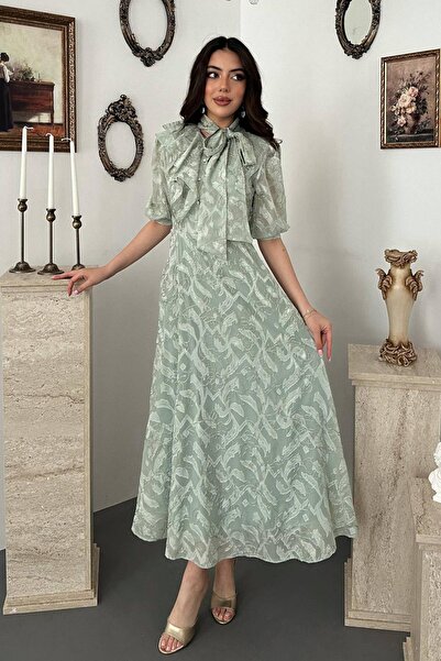 Clothes Fast فستان نسائي متوسط الطول بياقة فيونكة ولون النعناع وأكمام بالون م...