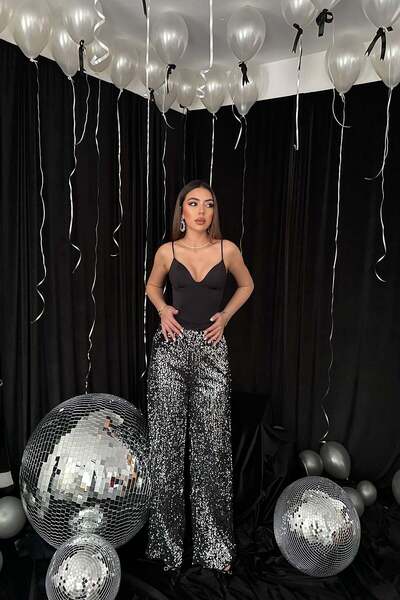 Moda Days Women's Black Silver Elastic Waist Sequined Wide Leg Long Party Pants