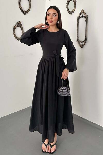 Moda Days Women's Black Long Sleeve Lace Cuff Belted A-Line Maxi Dress