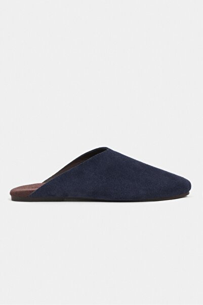 NİŞANTAŞI SHOES Liam Navy Blue Suede Leather Flat Sole Closed Women's Slippers