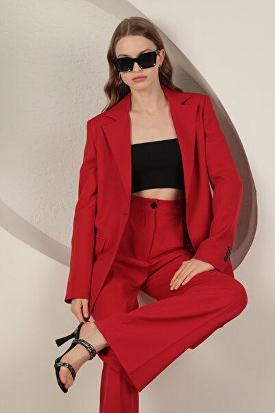 Moda Days Jachetă roșie oversize pentru femei, cu guler clasic, cu un singur ...