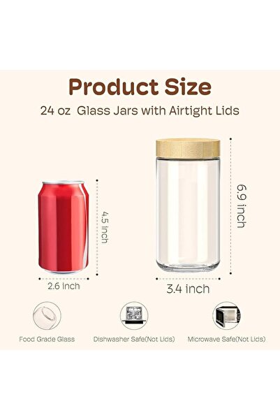 GENERAL 6 Pack Overnight Oats Containers with Bamboo Lids, Glass Jars with Ai...