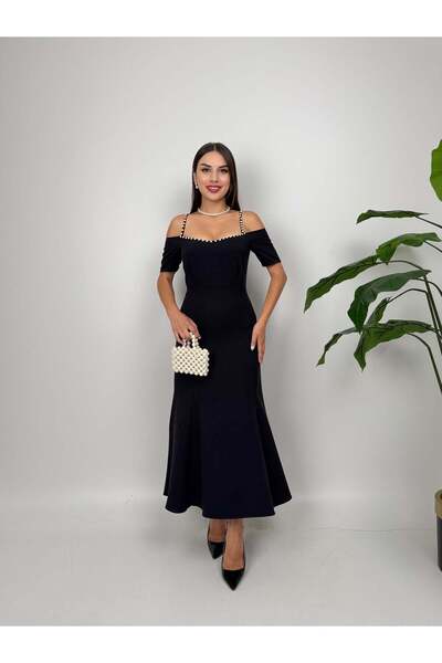 Clothes Fast فستان سهرة نسائي أسود بطول متوسط مزين باللؤلؤ وياقة كارمن وحزام ...