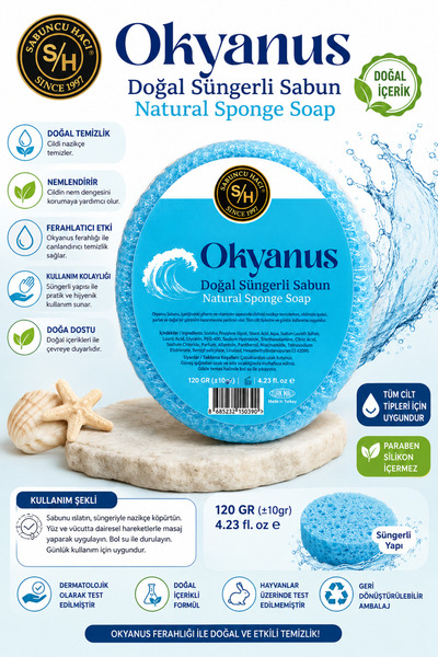 Sabuncu Hacı Ocean Sponge Soap 120-140 Gr |   Natural Sponge Bath Soap Refres...