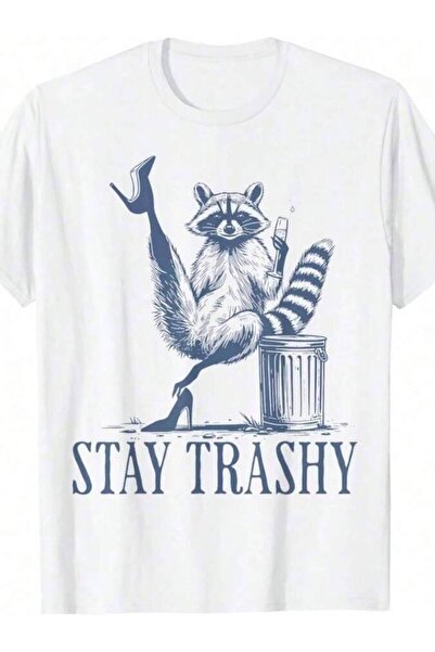 NOURAM تي شيرت نسائي مطبوع عليه Stay Trashy Raccoon Funny Feminine Daily للنس...