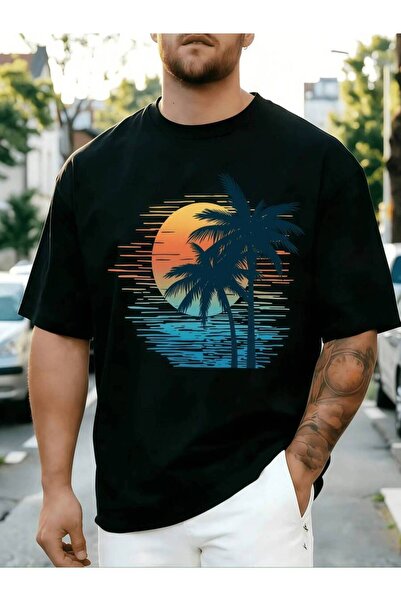 23ERVA 1pc Mens Clothes Sunset Palm Tree Print Black TShirt, Unisex Casual Cr...