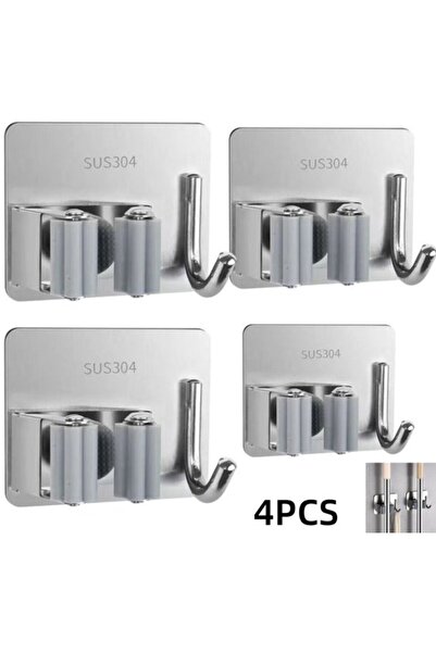 STARSTAR 4-Piece Stainless Steel No-Drilling Mop Broom Holder Hook Set 8*3 cm