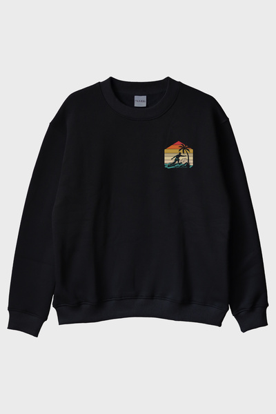 lofux Retro Palmiye Ve Sörf Printed Black Crew Neck Sweatshirt