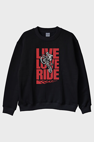 lofux Live Love Ride Printed Motorcycle Black Crew Neck Sweatshirt