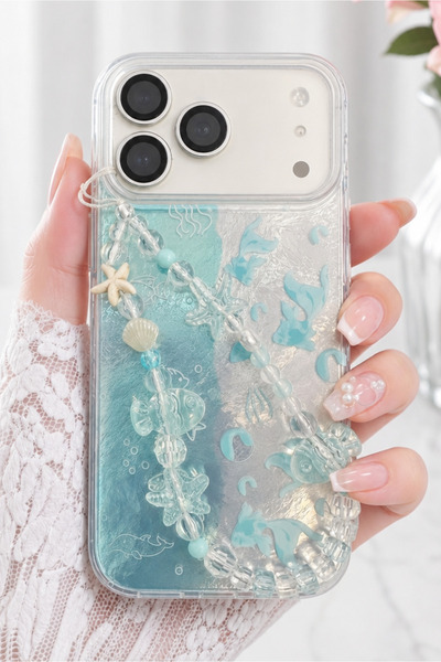 Fibaks iPhone 17 Pro Max Kılıf Hologramlı Çift Renk Charmlı Deniz Balık Desen...