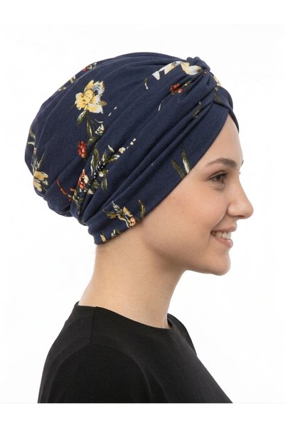 elysianfidan Wildflower Patterned Ready-To-Wear Turban Hijab Pool Cap with Cross and Band Detailing and Lining
