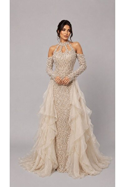 ranin Beige Evening Dress with Gazar Bead Embroidery and Double Clouch.
