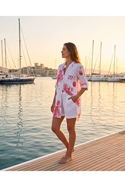 Bodrum Otantik Mercan Desenli Gömlek Elbise