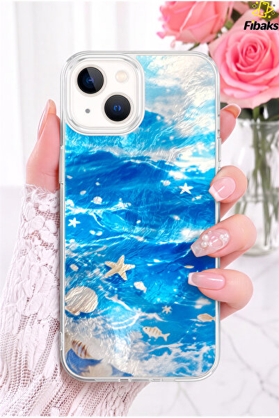Fibaks iPhone 13/14/15 Kılıf Deniz Dalgası Desenli Şeffaf Silikon Telefon Kıl...