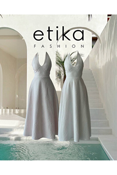 Clothes Fast فستان سهرة نسائي أزرق لامع بياقة هالتر وربطة عنق وظهر مكشوف من ق...
