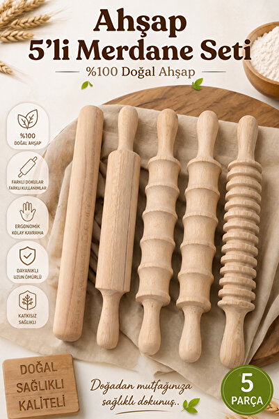 Circle Toys %100 Doğal Ahşap 5’li Çok Fonksiyonlu Ahşap Oklava Merdane Seti