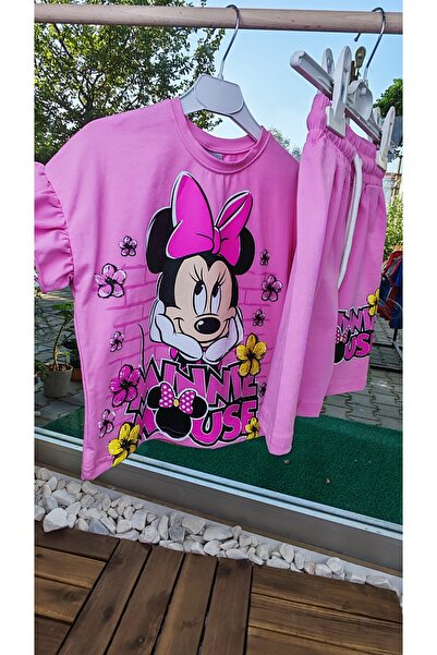 Minnie Mouse Lisanslı Kız Çocuk Şortlu Takım Pembe Yazlık 2'li Takım