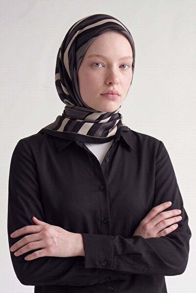 Levidor Anthracite Stripe Detailed Twill Silk Scarf