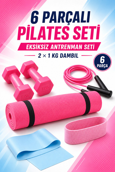 Tosima 6 Parçalı Pilates Seti 140x50 cm Minder, 2x1 kg Dambıl, Atlama İpi, Pi...