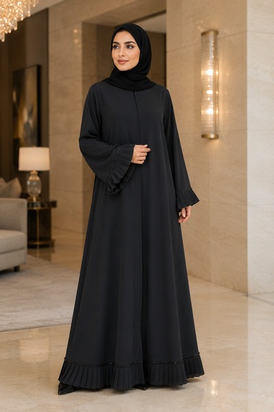 KAVALEE Women’s Black Pleated Abaya with Concealed Snap Closure and Beaded Trim