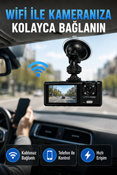 Clevora Çift Kameralı WiFi Araç Kamerası 170° Geniş Açı Full HD Araç İçi Kayı...