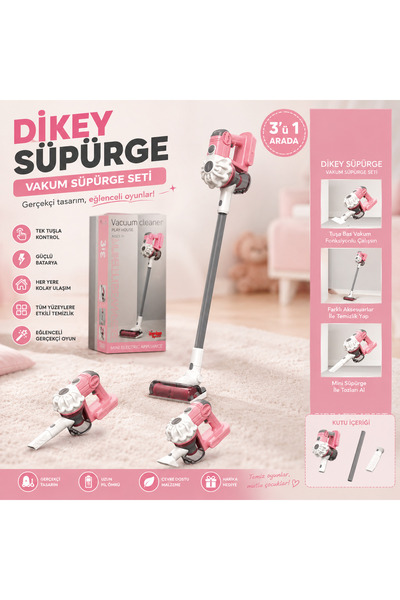 Ncbatölye Kız-Erkek Çocuk Dikey Elektrik Süpürgesi Pembe 3 in1 Kapalı Kutu Ev...