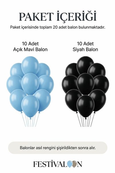 FESTİVALOON Modern and Dynamic Concept 20-Piece 11 Inch Light Blue Black Balloon Set Decoration Balloon