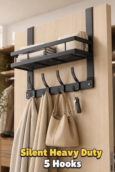 Generic 1 Carbon Steel No Drill Over Door Hook Rack 5 Hooks Basket Rustproof ...
