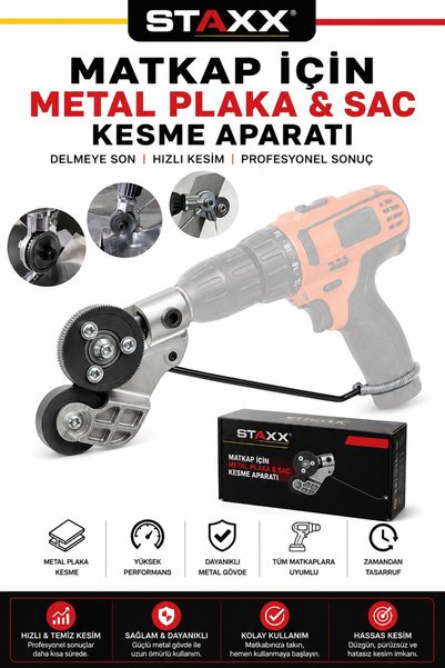 STAXX POWER Matkap İçin Metal Plaka & Sac Kesme Aparatı Sac Makası Tüm Elektrikli ve Şarjlı Matkaplara Uyumlu
