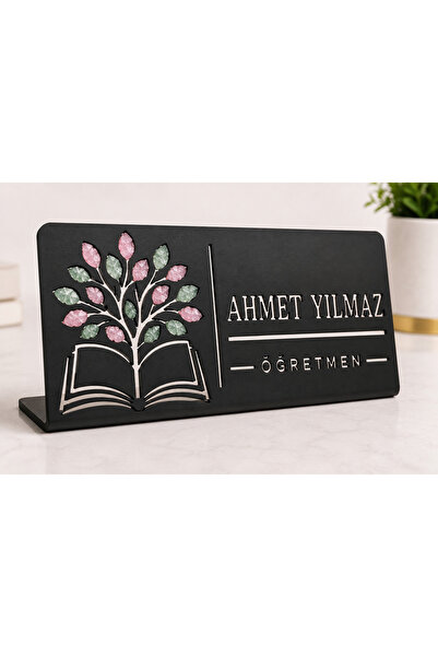 Kişiye Özel Öğretmen Masa İsimliği | Aventurin ve Pembe Kuvars Doğal Taşlı Metal Ofis İsimliği | Öğretmen Hediyesi