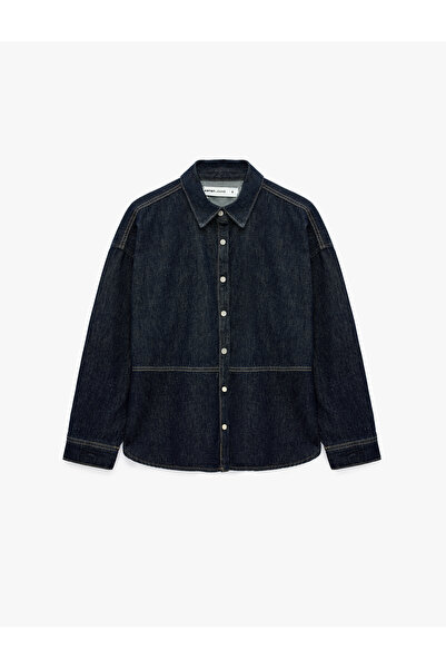 Koton Pamuklu Dikiş Detaylı Klasik Yaka Çıtçıt Düğmeli Uzun Kollu Denim Gömlek