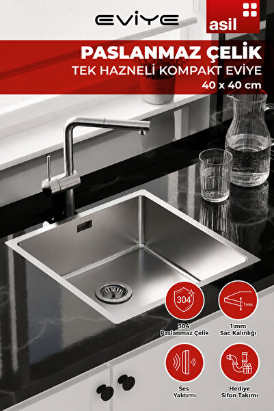 Asil Krom 40x40 CM AS357 - Paslanmaz Çelik Eviye- 1 MM Saç - Sifon Takımı Hediye