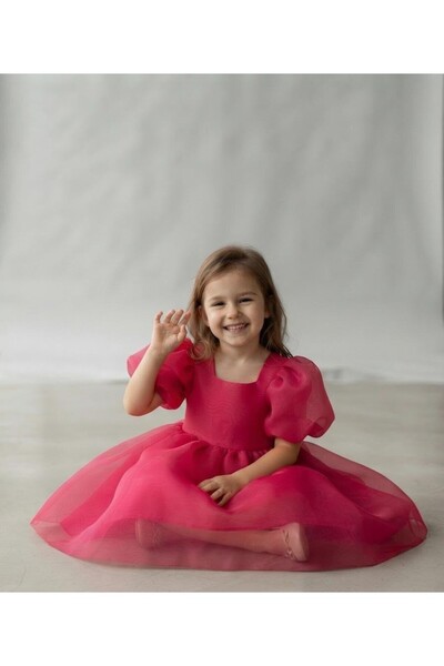 penu baby kids Fuchsia Karolin Balloon Skirt Balloon Sleeves Ribbon Girls' Baby Girl Dress