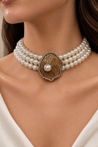 FAYRA ACCESSORIES Zirkon Taşlı Choker İnci Kolye Deniz Kabuğu Figürlü