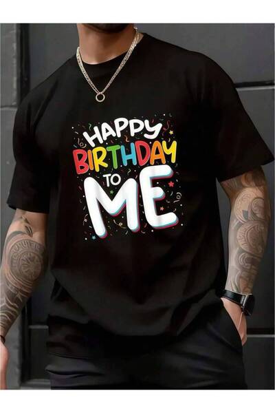 k222 1pc Mens Clothes Happy Print Black TShirt, Unisex Casual Crew Neck Tshir...