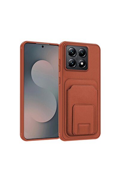 Zebana Xiaomi Mi 14T Uyumlu Kılıf FlexStand Kartlıklı Silikon Kılıf Kahverengi