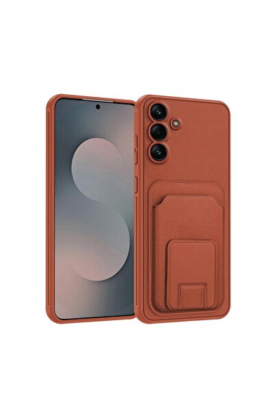Zebana Samsung Galaxy A34 Uyumlu Kılıf FlexStand Kartlıklı Silikon Kılıf Kahv...