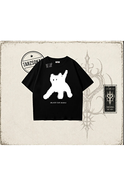 Tarzsokak Unisex majica sa crnom mačkom i pikselima, velika unisex majica, bela